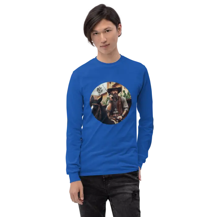 Blue long-sleeved shirt with cowboy graphic.