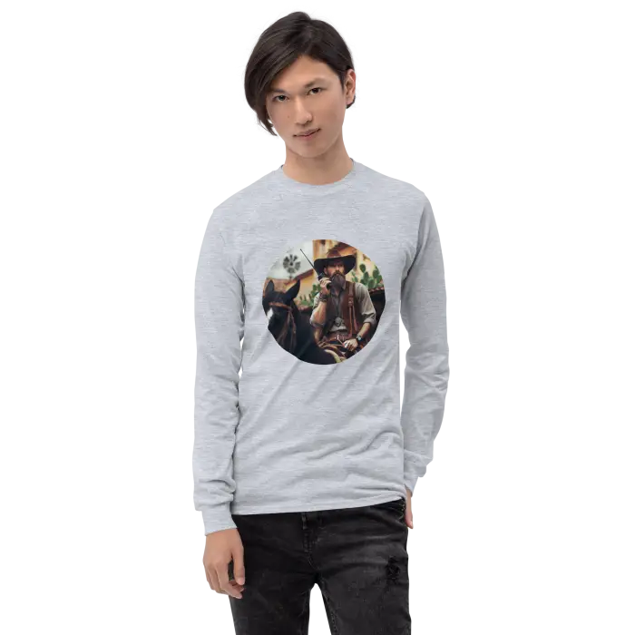 Gray long-sleeved shirt with a circular graphic.