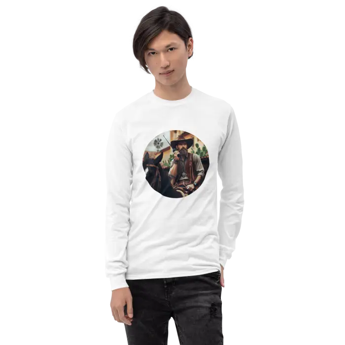 White long-sleeved shirt with cowboy graphic.
