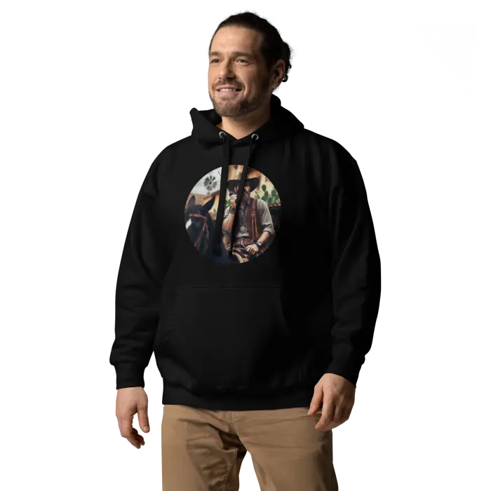 Black hoodie with cowboy graphic.