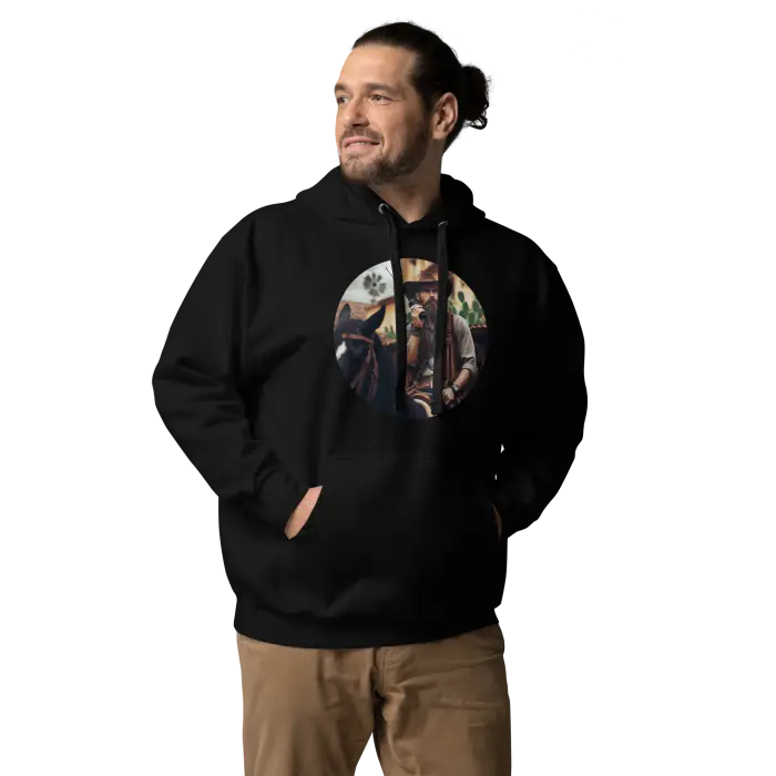 Black hoodie with cowboy graphic.