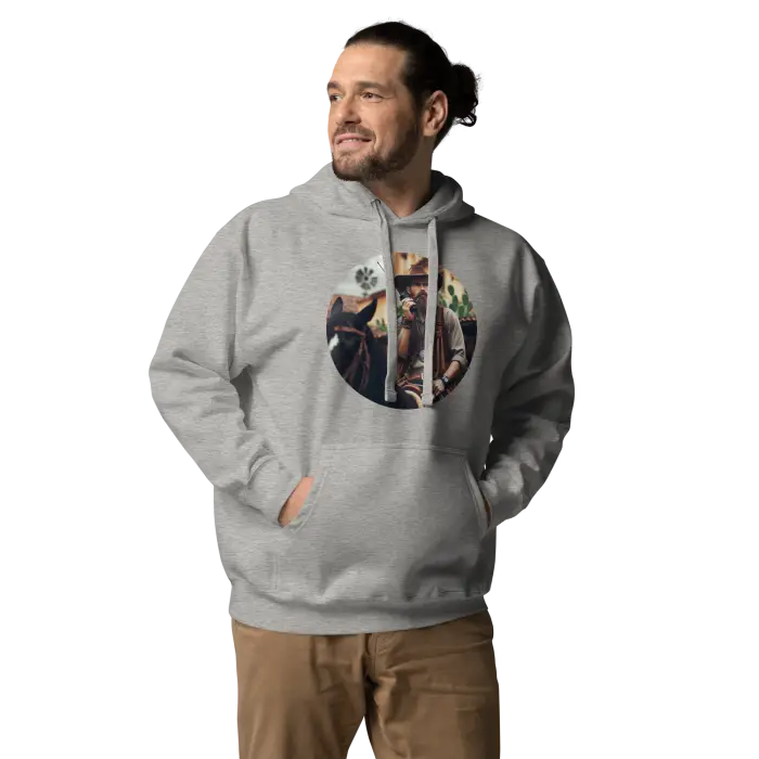 Gray hoodie with circular graphic.