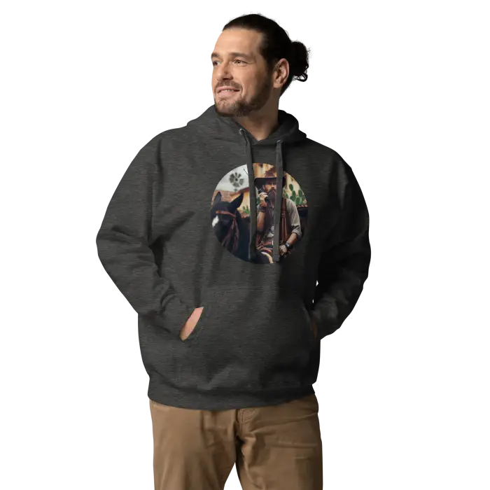 Gray hoodie with circular graphic.