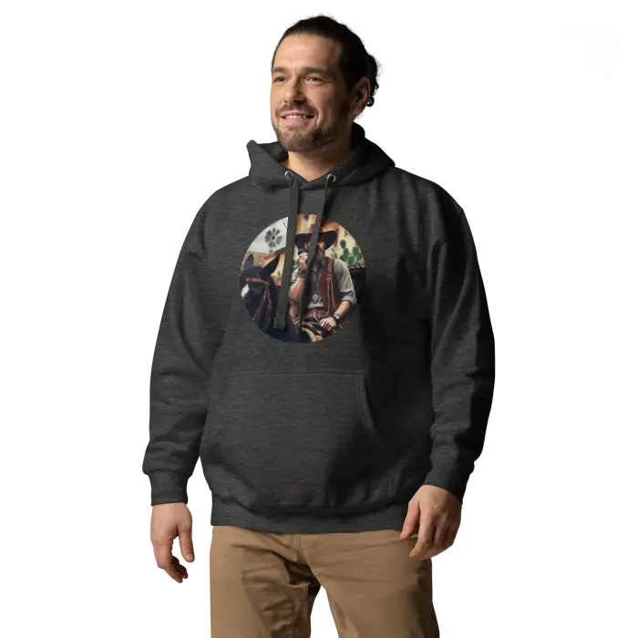 Gray hoodie with circular graphic.