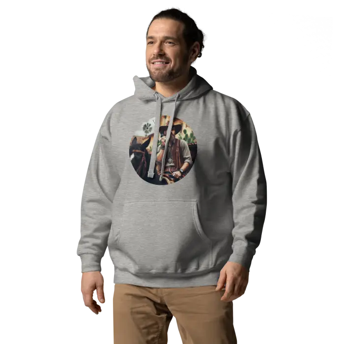 Gray hoodie with cowboy graphic.