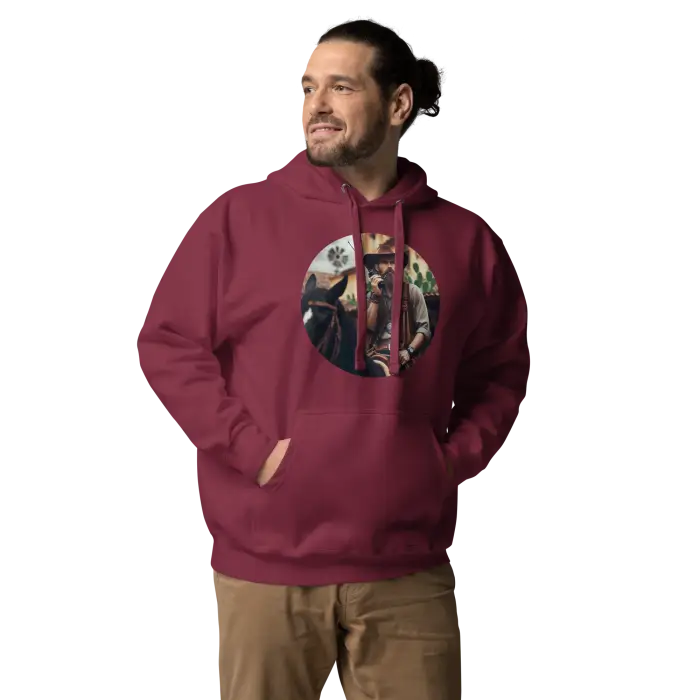 Maroon hoodie with graphic.