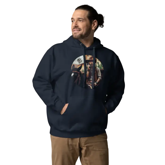 Navy hoodie with cowboy graphic.