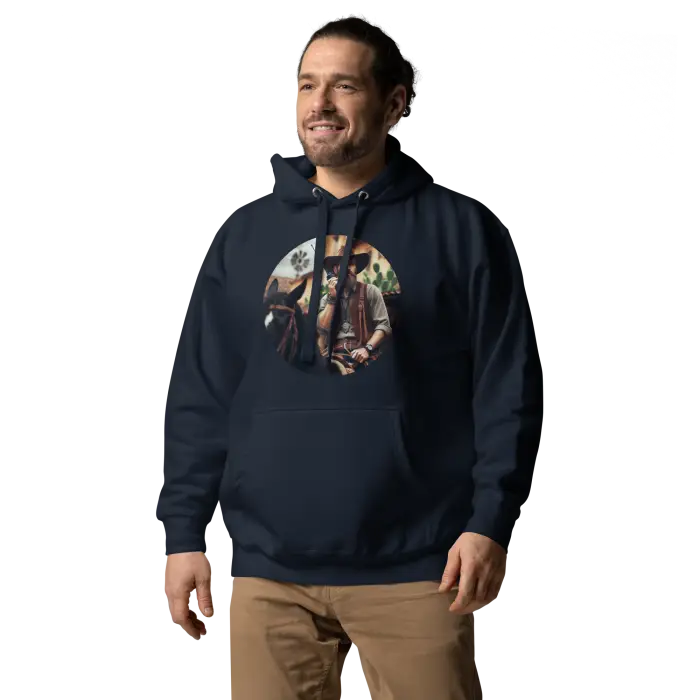 Navy hoodie with cowboy graphic.