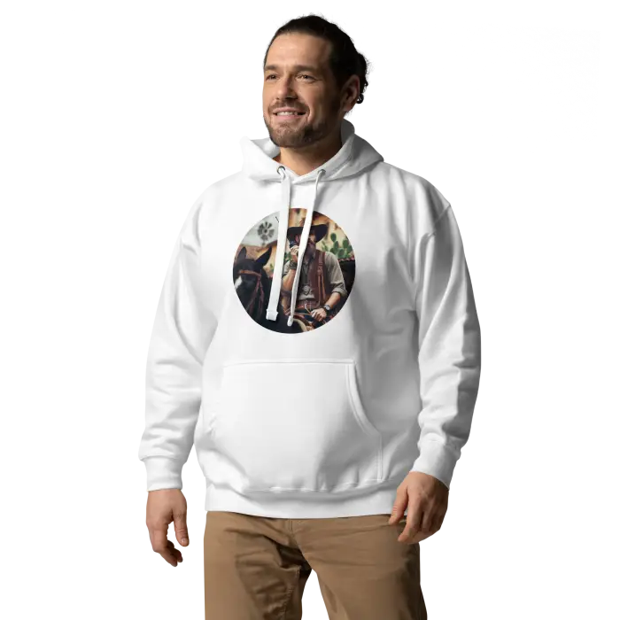 White hoodie with cowboy graphic.