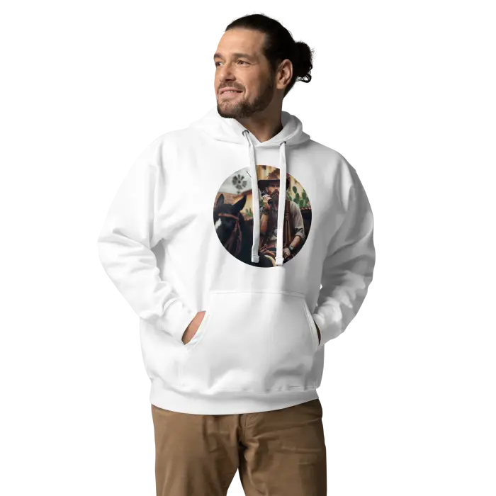 White hoodie with circular graphic.