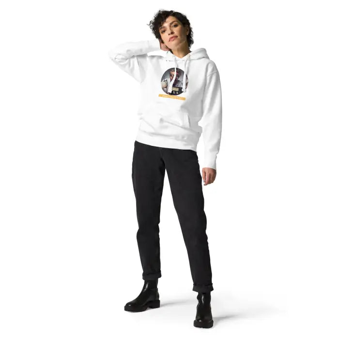 White hoodie with graphic.