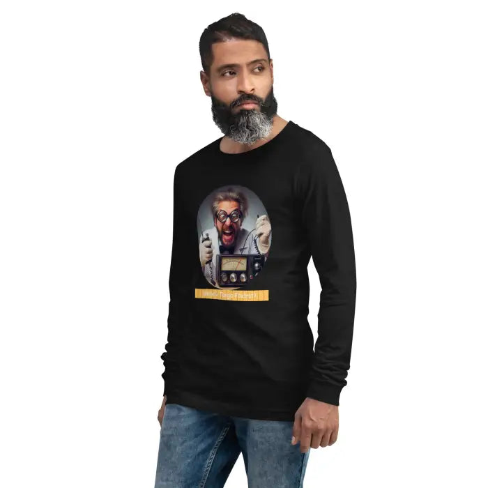 Black long-sleeved shirt with scientist graphic.