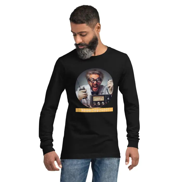 Black long-sleeved shirt with mad scientist graphic.