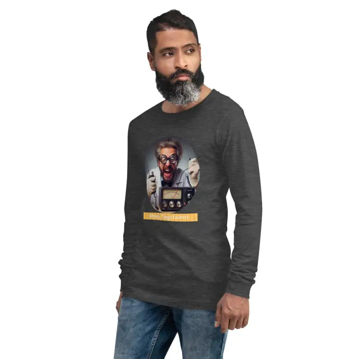 Gray long-sleeved shirt with mad scientist graphic.
