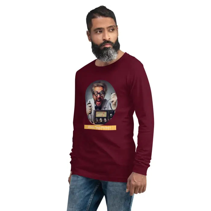 Maroon long-sleeved shirt with mad scientist graphic.