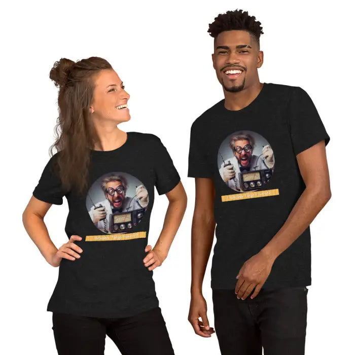 Matching black t-shirts with mad scientist graphic.