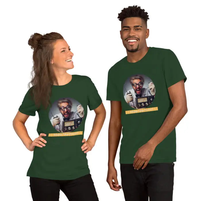 Matching green t-shirts with scientist graphic.