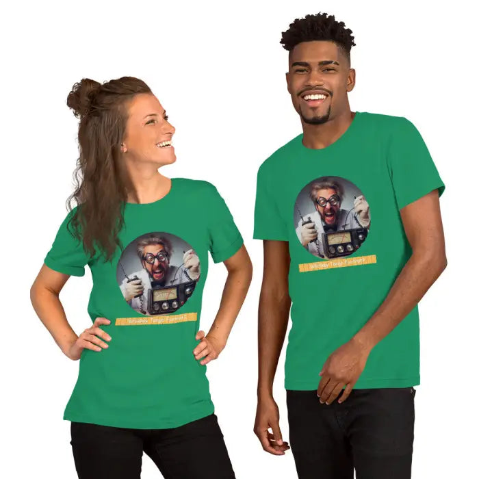 Green t-shirts with mad scientist graphic.