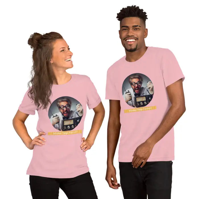 Two pink t-shirts with a circular image of a man with glasses and a radio.