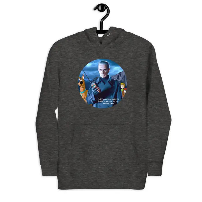 Gray hoodie with a graphic.