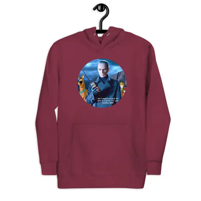 Maroon hoodie with a graphic.