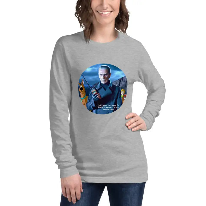 Gray long-sleeved shirt with graphic.