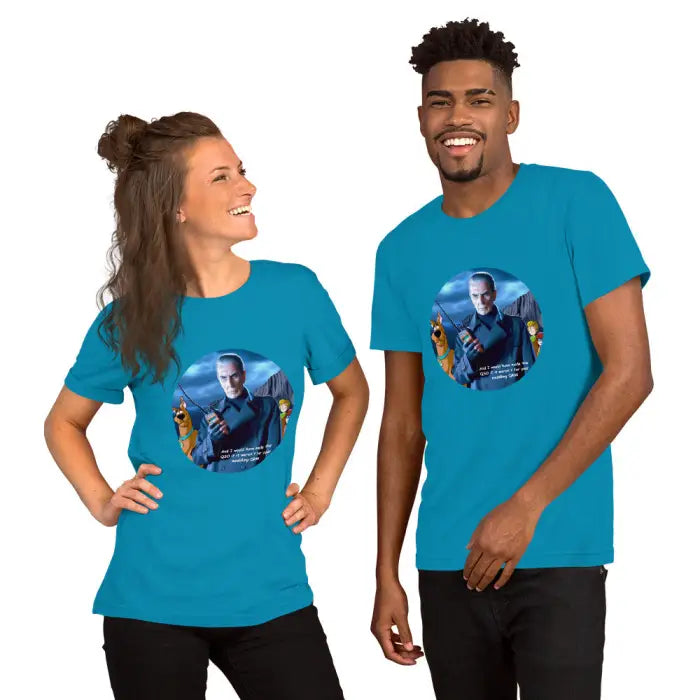 Matching teal t-shirts.
