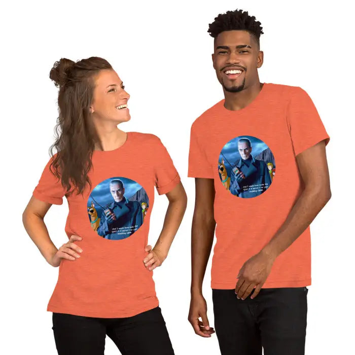 Matching orange t-shirts.