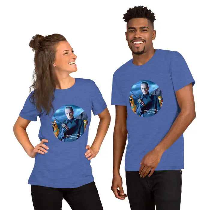 Matching blue t-shirts.