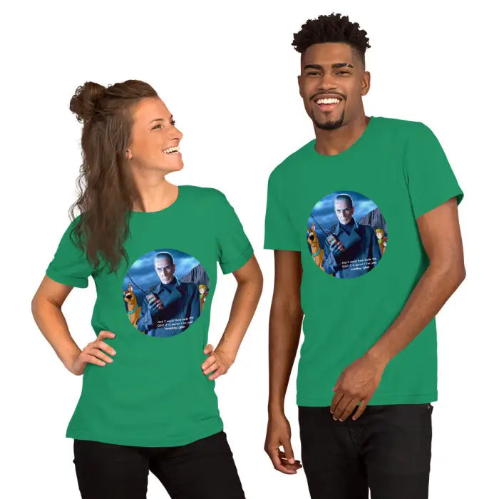 Green t-shirts with character print.