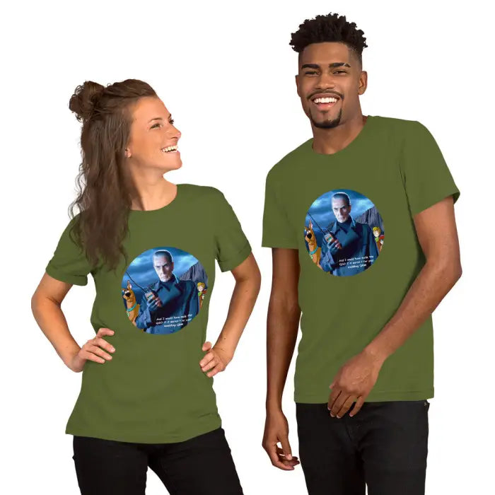 Matching olive green t-shirts.