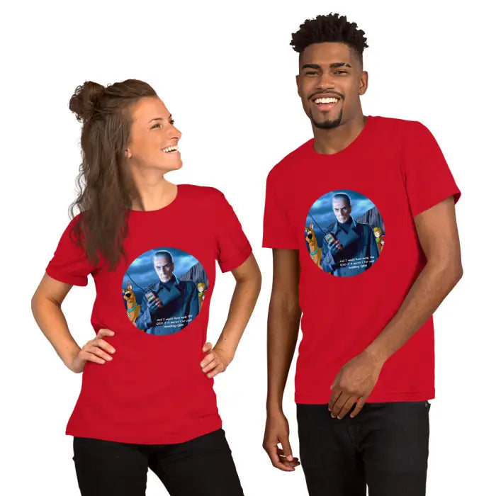 Matching red t-shirts.