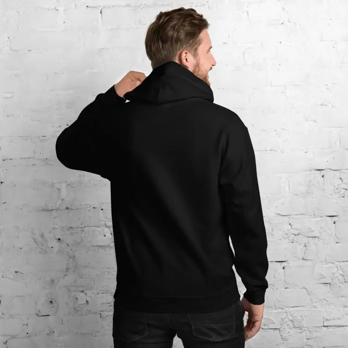 Black hooded sweatshirt.