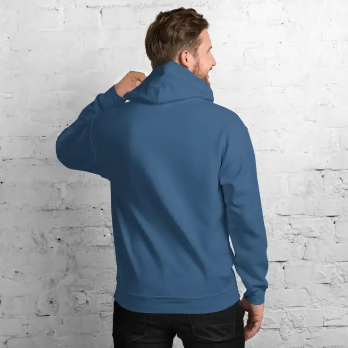 Blue hooded sweatshirt.