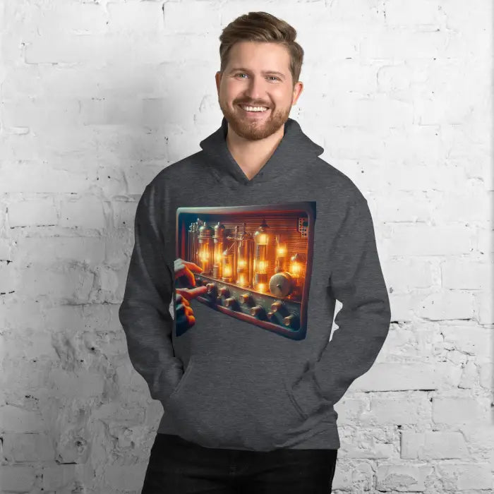 Gray hoodie with vacuum tube amplifier graphic.