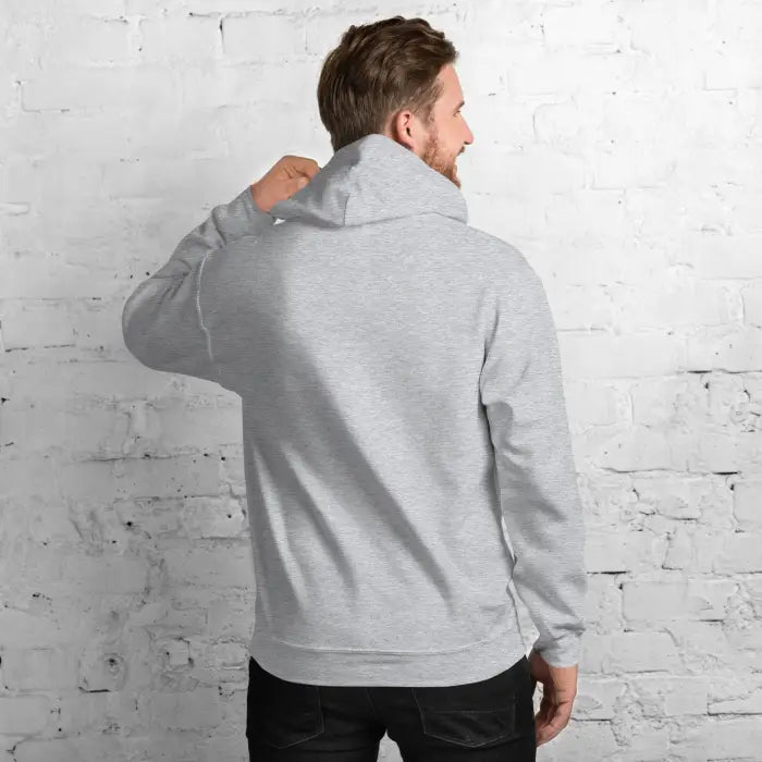 Gray hooded sweatshirt.