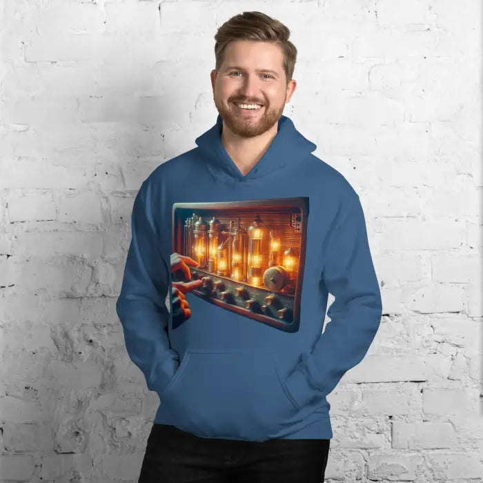 Blue hoodie with vacuum tube graphic.