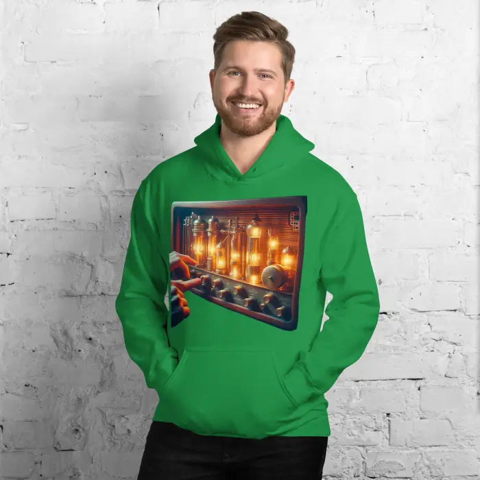 Green hoodie with vacuum tube graphic.