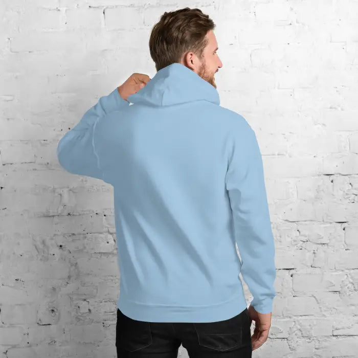 Light blue hoodie.