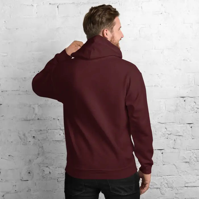 Maroon hooded sweatshirt.