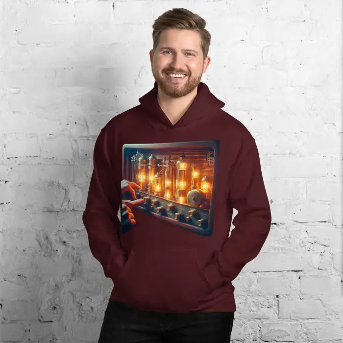Maroon hoodie with vacuum tube graphic.