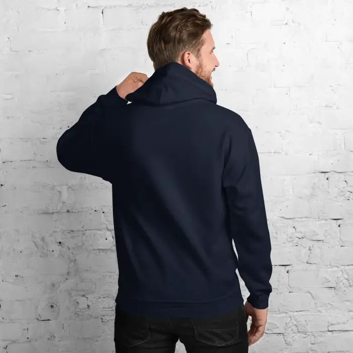 Navy blue hooded sweatshirt.