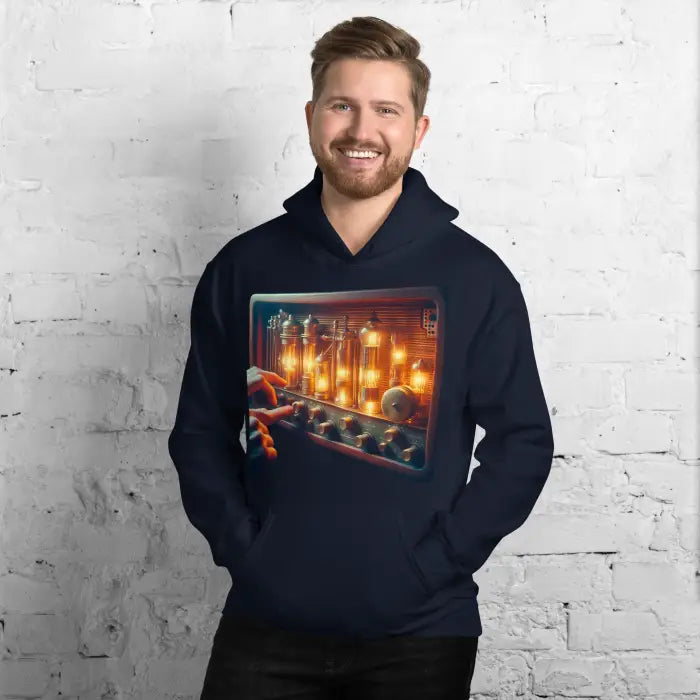 Navy hoodie with vacuum tube amplifier graphic.