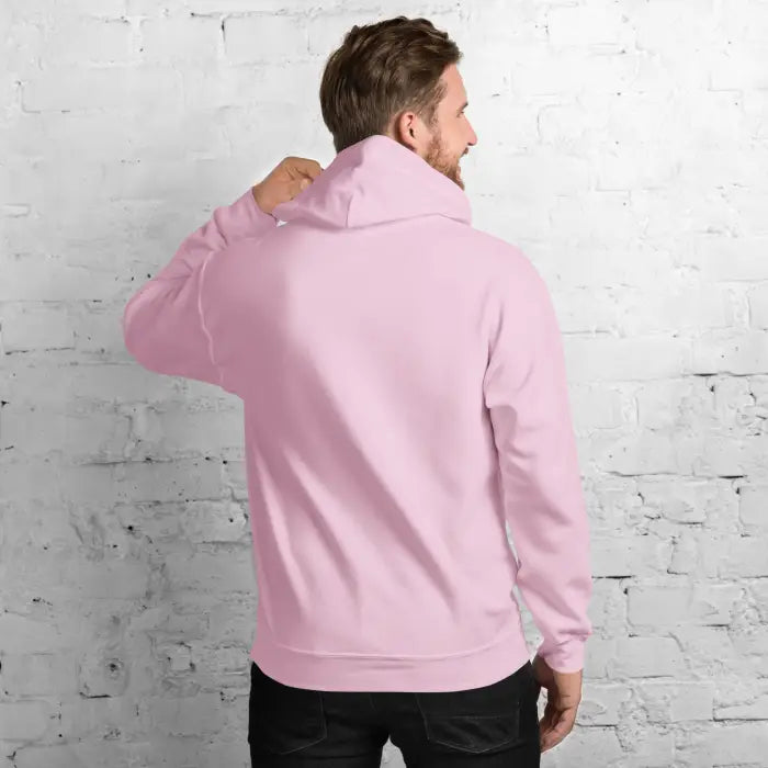 Pink hooded sweatshirt.