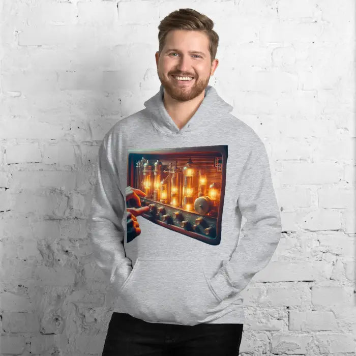 Gray hoodie with vacuum tube graphic.