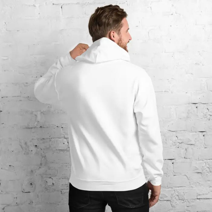 White hooded sweatshirt.