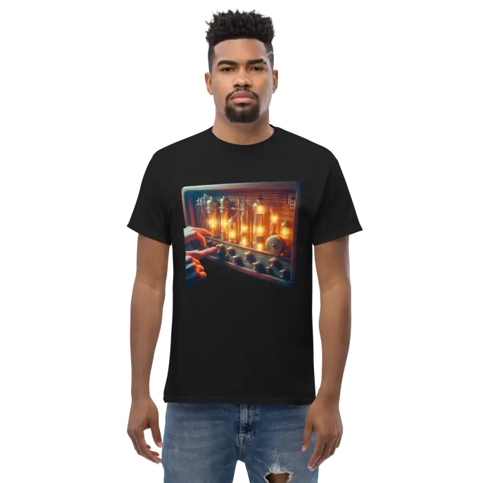 Black t-shirt with vacuum tube graphic.