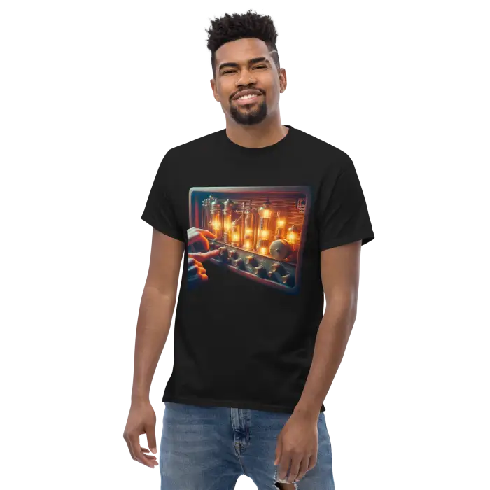 Black t-shirt with a graphic of a sound mixing board.