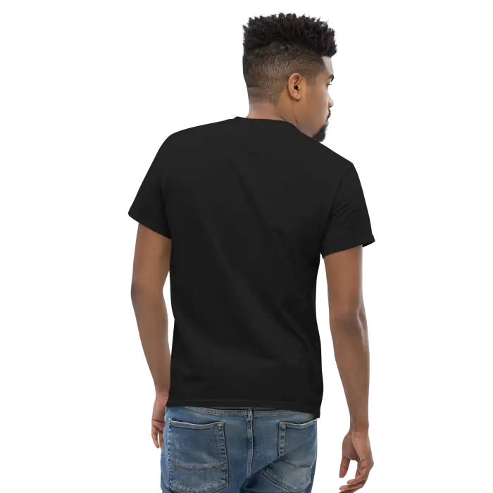 Black t-shirt on a person.