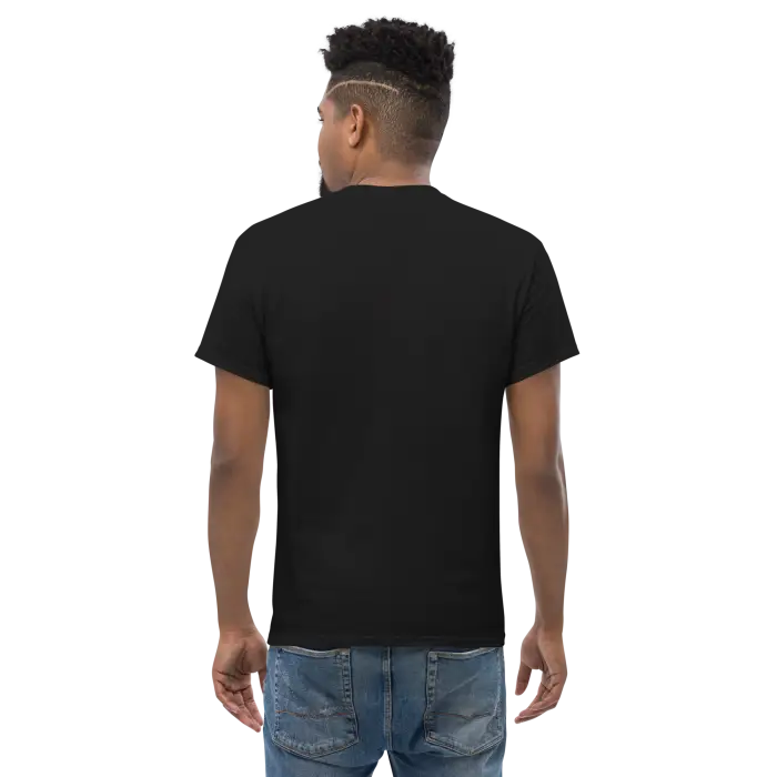 Black t-shirt on a person.